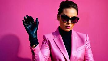 AI generated photo of middle aged woman with leather suit jacket and hand gloves standing against pink background, generative AI