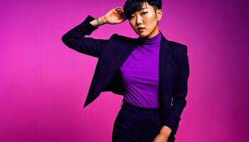 AI generated photo of asian woman as a mafia gang member standing against pink background, generative AI