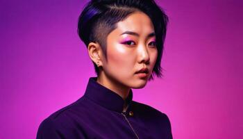 AI generated photo of asian woman as a mafia gang member standing against pink background, generative AI