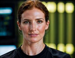 AI generated photo of beautiful woman as a commander agent wearing black long sleeve shirt and tactical pant with monitor and screen in control command room, generative AI