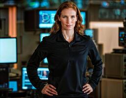 AI generated photo of beautiful woman as a commander agent wearing black long sleeve shirt and tactical pant with monitor and screen in control command room, generative AI