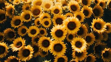 ai generado un De arriba hacia abajo perspectiva de un girasol campo en lleno floración. ai generado foto