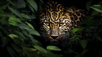 ai generado un cauteloso leopardo oculto entre moteado oscuridad. ai generado foto