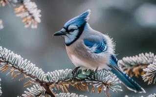 ai generado en un escarcha saburral pino rama, un azul arrendajo pelusas sus plumaje foto