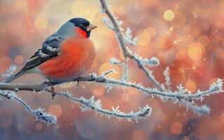 AI generated A Bullfinch in the Sharp Cold, Perched on a Frozen Branch photo