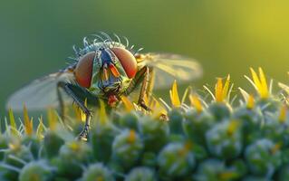 AI generated A vivid close up photo showing a housefly meticulously attending to its wing in fresh green leaves