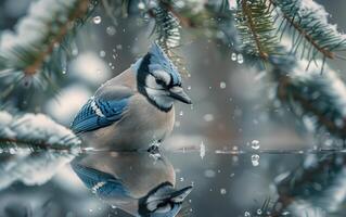 AI generated A Blue Jay Gazes Intently at a Dissolving Snowdrop photo