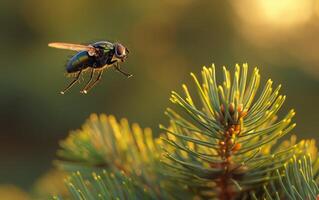 AI generated Pine Needles with a Housefly Gliding Among Them photo