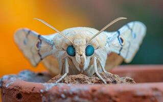 AI generated Ivory hued moth showcases distinctive eye motifs on its wing span photo