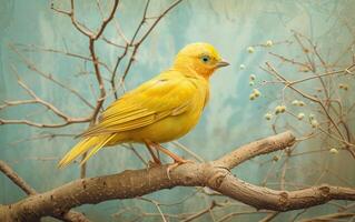 ai generado un brillantemente de colores mostaza amarillo pájaro esmeradamente sentado en un árbol miembro foto