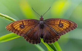 AI generated Noble dark brown butterfly featuring hypnotic eye patterns on its wings, sitting elegantly atop a verdant grass blade photo