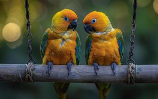 AI generated A Picture of Two Sun Conures Snuggled Up on a Swing photo