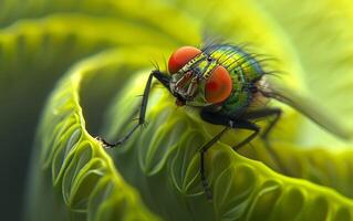 ai generado un mosca doméstica perchas en el espiral de un lozano verde helecho foto