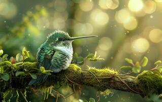 ai generado un colibrí encaramado pacíficamente en un musgo cubierto rama foto