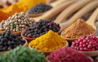 AI generated Colorful Assortment of Spices on Wooden Spoons photo