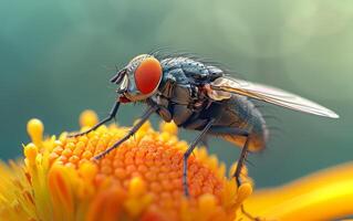 ai generado cerca arriba Mira a un mosca doméstica en un amarillo florecer foto