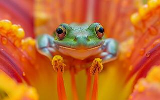 AI generated Frog in Green Making an Appearance Amongst Flaming Orange Floral Petals photo