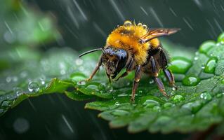 AI generated A Macro Image of a Bee Gripping the Underside of a Leaf photo