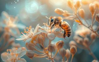 AI generated Detailed Macro Shot of a Bee Amongst Vivid Plants photo