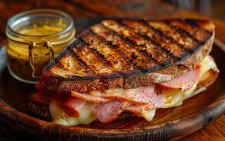 AI generated Cheesy Ham Sandwich with Grilled Mustard Flavor photo