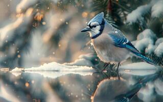 AI generated A Blue Jay Gazes Intently at a Dissolving Snowdrop photo