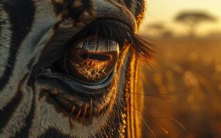 AI generated The Glistening Sunset in the Eye of a Zebra, A Macro Perspective photo