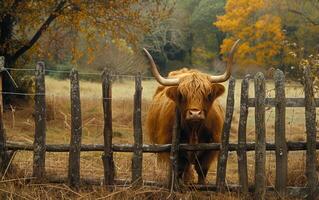 ai generado tierras altas toro observando desde encima el cerca foto