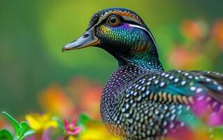 ai generado luminoso Pato en medio de floreciente flores foto