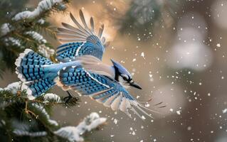 ai generado un azul arrendajo embarca desde un pino encapotado en nieve foto