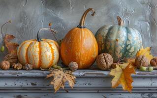 AI generated A Wide Angle Photo Showcasing Pumpkins and Leaves on a Rustic Wood Background