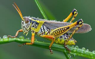 AI generated A close range shot emphasizing the vibrant patterns of a grasshopper photo