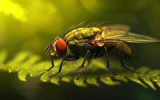 AI generated An intricate macro image capturing a housefly carefully maintaining its wing among lush greenery photo