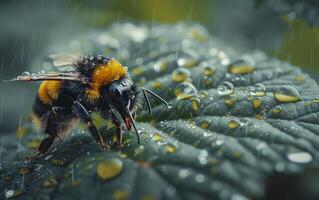 ai generado Disparo de un abeja adjunto a un hoja fondo lado foto