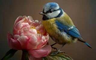 AI generated Peony Garden with a Blue Tit Visitor photo