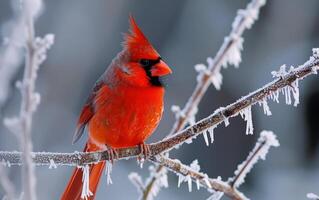 ai generado un animado cardenal se sienta encima un escarchado rama foto