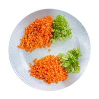 top view of sliced carrots and spring onions on a plate. isolated on white photo