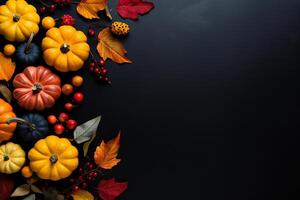AI generated Autumn background with pumpkins, apples, pear, rowan berries and golden maple leaves. Dark rustic wooden background. Place for text. photo