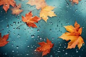 AI generated Autumn maple leaves on a background of blue Glass with raindrops photo