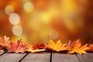 AI generated Autumn leaves on wooden table against wooden planks with copy space photo