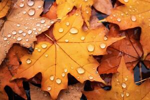 AI generated Colorful autumn maple leaves with water drops. Close-up. photo