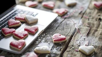 ai generado ordenador portátil computadora rodeado por escarchado corazón San Valentín día azúcar galletas foto