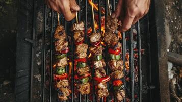 ai generado A la parrilla carne brochetas shish brocheta en portátil parrilla. foto