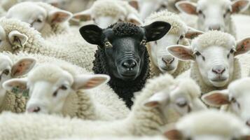 ai generado en pie afuera. un rebaño de blanco oveja con uno negrita negro oveja en el centro, simbolizando individualidad y unicidad. foto