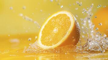 AI generated Orange fruit on the water isolated on yellow background photo