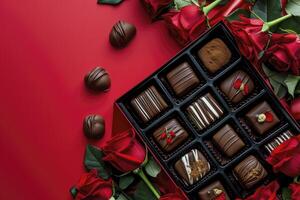 AI generated open box of chocolate pralines with red roses bouquet on a red background Valentines Day flat lay photo