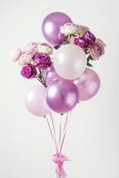 ai generado globos con rosas y ranúnculos en un blanco fondo, celebracion foto