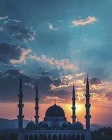 ai generado hermosa puesta de sol mezquita islámico antecedentes foto