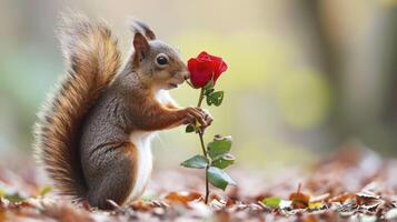 AI generated A cute squirrel carrying a red rose for his lover. Valentine's Day. photo
