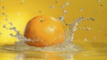 AI generated Orange fruit on the water isolated on yellow background photo
