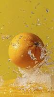 AI generated Orange fruit on the water isolated on yellow background photo